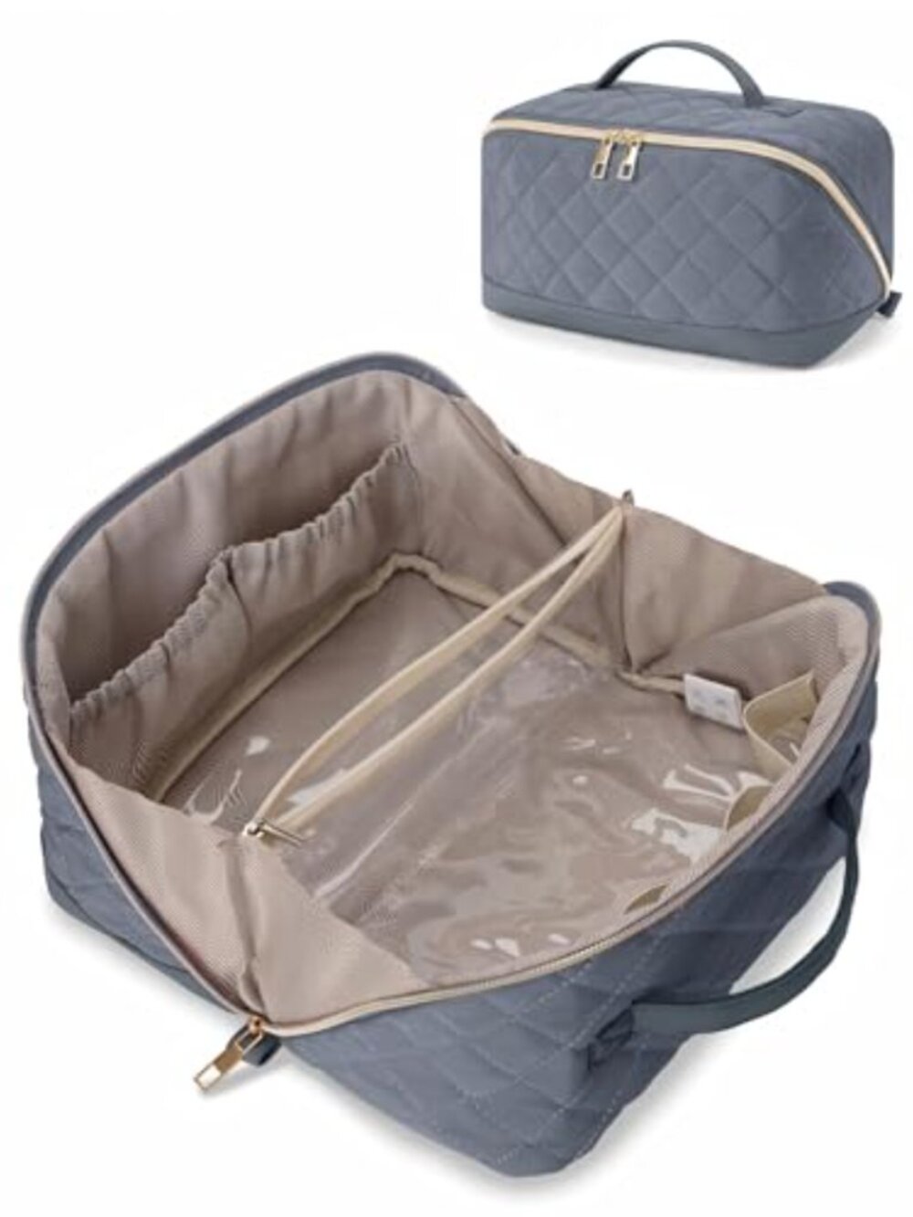 Quilted Travel Makeup Bag Large Capacity Open Flat Toiletry Organizer